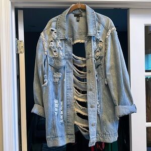 Aqua denim jacket with sequin and pearl details